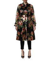 Dolce & Gabbana Black Floral Belted Polyester Trench Coat Jacket