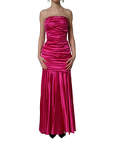 Dolce & Gabbana Hot Pink Ruched Satin Strapless Gown Dress