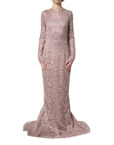 Dolce & Gabbana Pink Lace Long Sleeves Evening Gown Dress