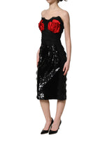 Dolce & Gabbana Black Strapless Red Rose Sequined Midi Dress