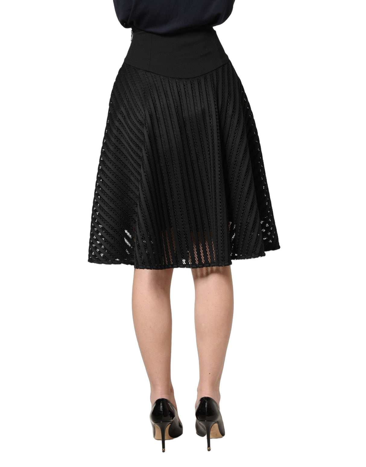 PINKO Cotton Striped Flared Silhouette Aline Midi Black