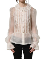 Dolce & Gabbana White Ruffled Sheer Silk Buttoned Blouse Top