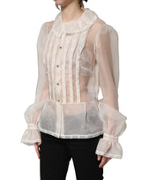Dolce & Gabbana White Ruffled Sheer Silk Buttoned Blouse Top