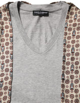 Dolce & Gabbana Gray Cotton V-neck Owl Silk Scarf Top T-shirt