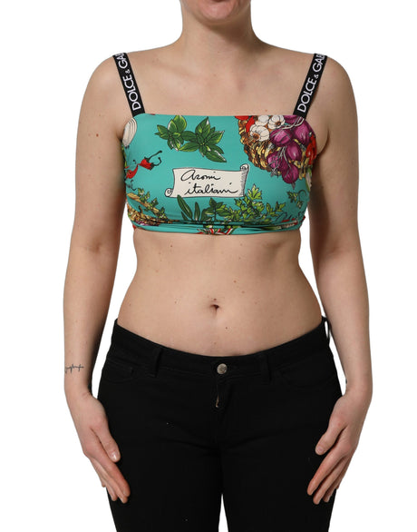 Dolce & Gabbana Turquoise Vegetable Print Silk Crop Tank Top