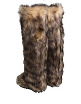 Dolce & Gabbana Brown Faux Skim Ski Fur Knee High Boots Shoes