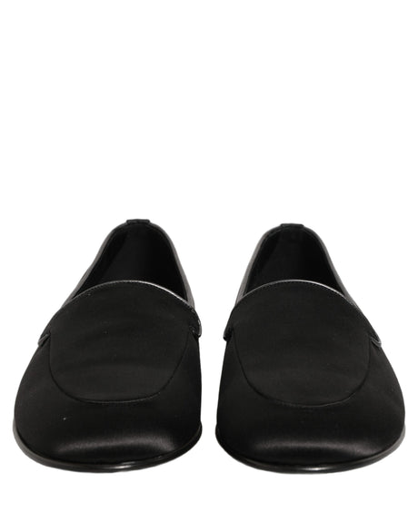 Dolce & Gabbana Black Satin Logo Slip On Flats Loafers Shoes