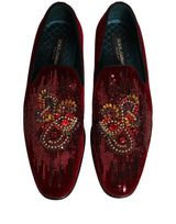 Dolce & Gabbana Maroon Sequin Gemstone Dress Loafers Shoes