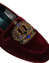 Dolce & Gabbana Burgundy Velvet Crown Slip On Loafers Shoes