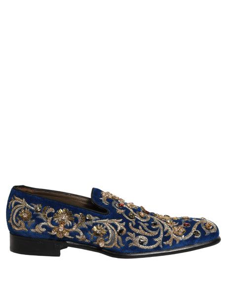 Dolce & Gabbana Blue Velvet Embellished Dress Loafers Shoes