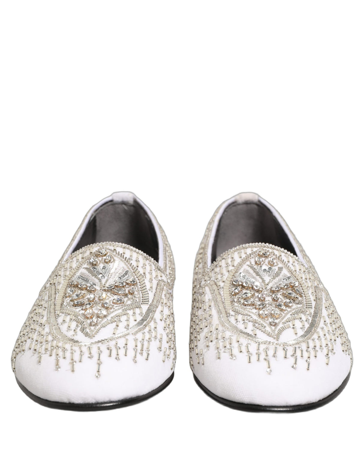 Dolce & Gabbana White Satin Embellished Dress Loafers Shoes