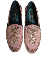 Dolce & Gabbana Pink Velvet Floral Embroidery Loafers Shoes