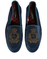 Dolce & Gabbana Blue Velvet Crown Embroidery Loafers Shoes