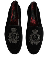 Dolce & Gabbana Black Velvet Crown Embroidery Loafers Shoes