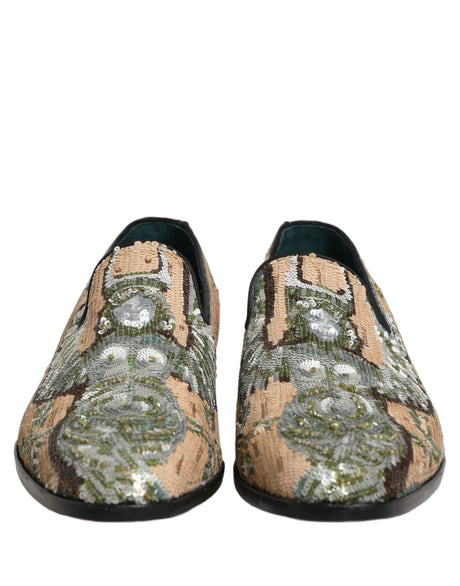 Dolce & Gabbana Beige Sequin Embroidery Dress Loafers Shoes