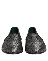 Dolce & Gabbana Silver Jacquard Leather Slip On Loafers Shoes
