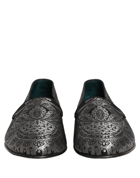 Dolce & Gabbana Silver Jacquard Leather Slip On Loafers Shoes