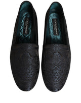 Dolce & Gabbana Blue Jacquard Leather Slip On Loafers Shoes