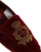 Dolce & Gabbana Maroon Velvet Crown Embroidery Loafers Shoes