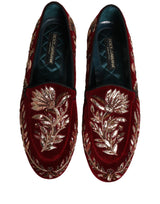 Dolce & Gabbana Red Velvet Floral Embroidery Loafers Shoes