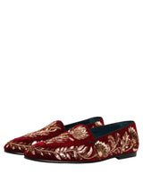 Dolce & Gabbana Red Velvet Floral Embroidery Loafers Shoes