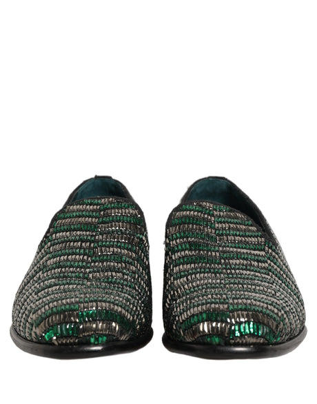 Dolce & Gabbana Silver Green Embellished Dress Loafers Shoes