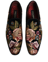 Dolce & Gabbana Black Velvet Floral Embroidery Loafers Shoes