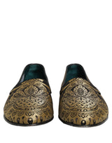 Dolce & Gabbana Gold Jacquard Leather Slip On Loafers Shoes