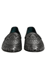 Dolce & Gabbana Silver Jacquard Leather Slip On Loafers Shoes