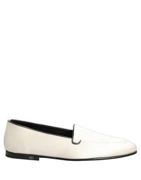 Dolce & Gabbana White Satin Logo Slip On Flats Loafers Shoes