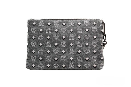 MCM Veritas Medium Dark Grey Denim Monogram Logo Canvas Clutch Pouch Handbag