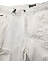 Dolce & Gabbana White Cotton Distressed Straight Denim Jeans
