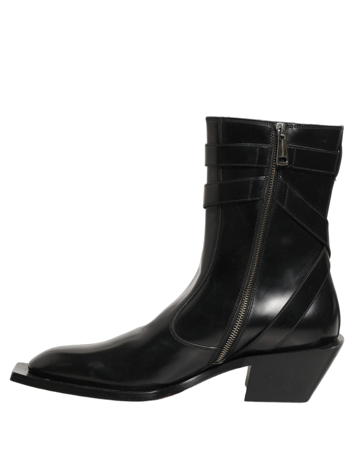 Dolce & Gabbana Black Leather DG Plaque Mid Calf Boots Shoes