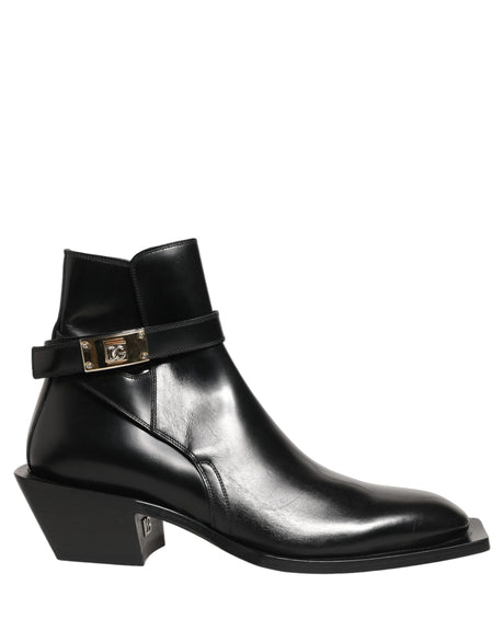 Dolce & Gabbana Black Leather DG Plaque Ankle Boots Shoes