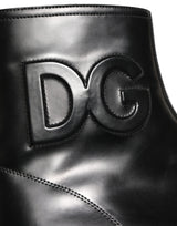 Dolce & Gabbana Black Leather Embossed Logo Ankle Boots Shoes