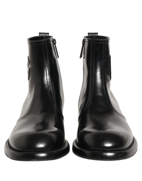 Dolce & Gabbana Black Leather Embossed Logo Ankle Boots Shoes