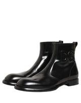 Dolce & Gabbana Black Leather Embossed Logo Ankle Boots Shoes