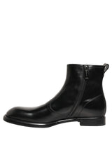 Dolce & Gabbana Black Leather Embossed Logo Ankle Boots Shoes