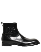 Dolce & Gabbana Black Leather Embossed Logo Ankle Boots Shoes