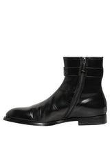 Dolce & Gabbana Black Leather Logo Buckle Mid Calf Boots Shoes