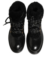 Dolce & Gabbana Black Trekking Fur Lace Leather Boots Shoes