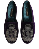 Dolce & Gabbana Purple Velvet Crown Embroidery Loafers Shoes