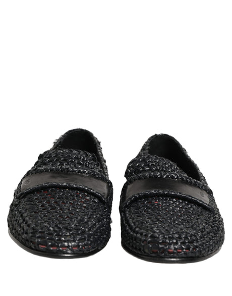 Dolce & Gabbana Black Woven Raffia Slip On Loafers Shoes