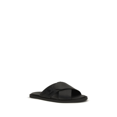 Fendi Black Calf Leather Bos Taurus Flat Sandals