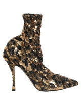 Dolce & Gabbana Gold Leopard Sequin Sock Ankle Boots Shoes