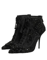 Dolce & Gabbana Black Embellished Mesh Ankle Boots Shoes