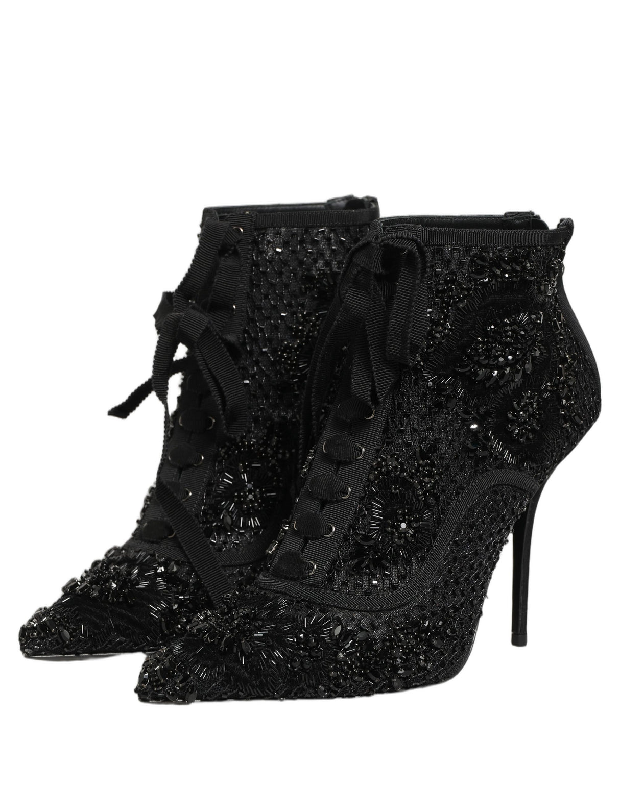Dolce & Gabbana Black Embellished Mesh Ankle Boots Shoes