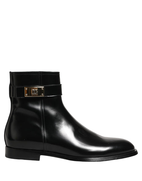 Dolce & Gabbana Black Leather Logo Buckle Mid Calf Boots Shoes