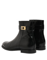Dolce & Gabbana Black Leather Logo Buckle Mid Calf Boots Shoes