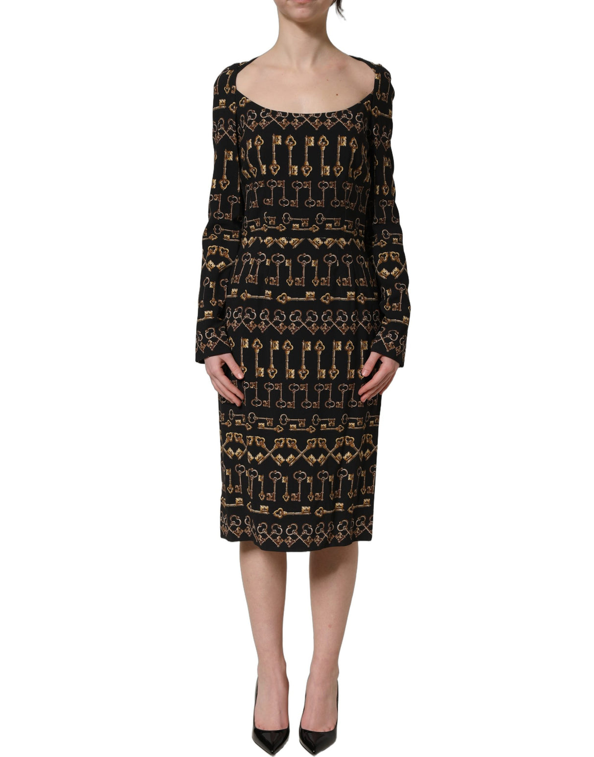 Dolce & Gabbana Black Key Print Long Sleeves Sheath Midi Dress